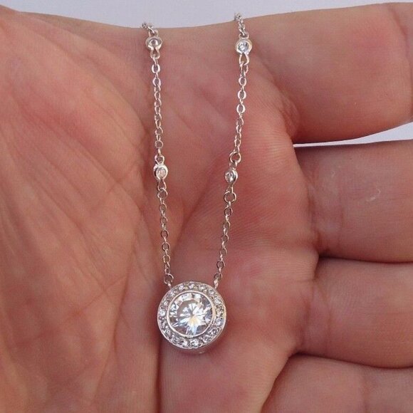 925 STERLING SILVER DESIGNERS PENDANT NECKLACE 4 CT LAB CREATED DIAMONDS - Picture 4 of 4